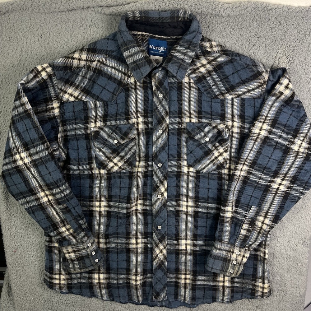 Wrangler Mens Blue Thick‎ Heavy Plaid Pearl Snap Western Shirt Size XXL